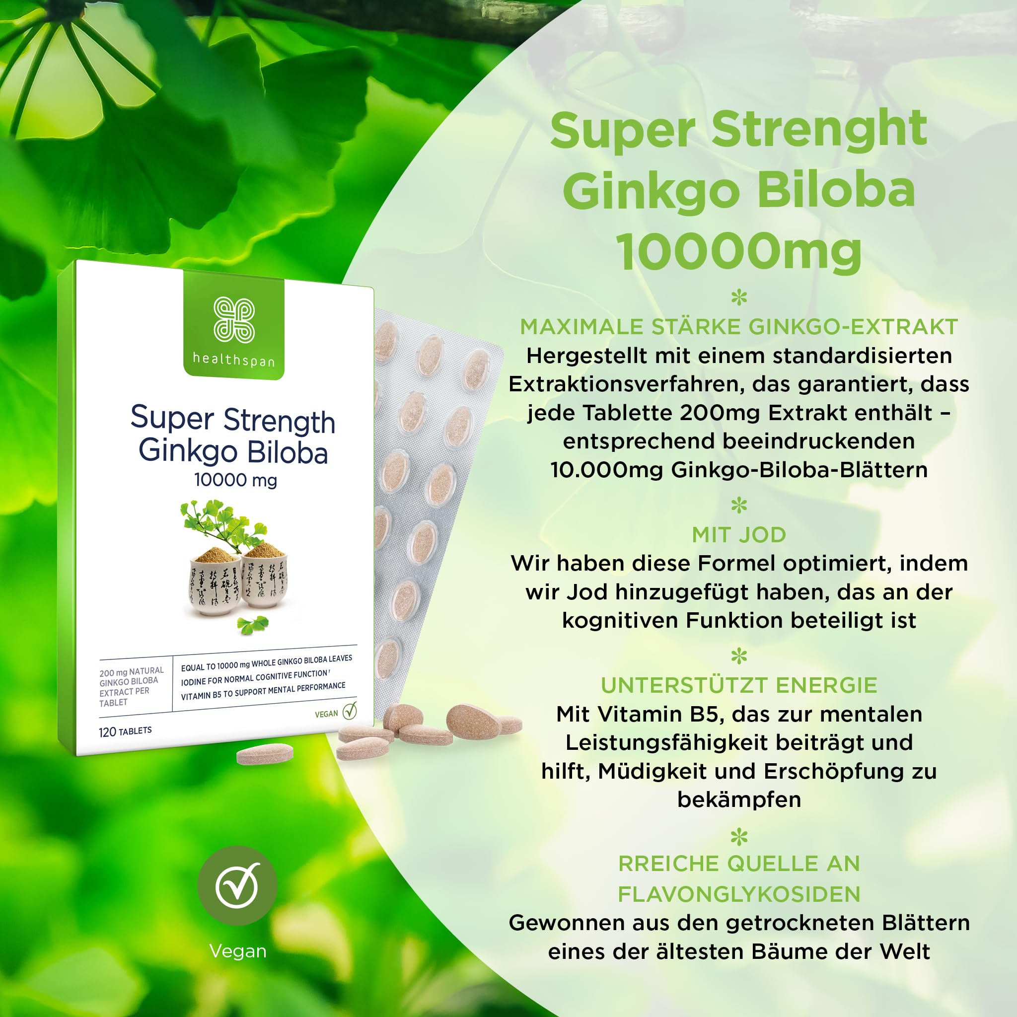 Healthspan Ginkgo Biloba 10.000 mg | Stärkt die kognitive Funktion & geistige Leistungsfähigkeit | Reduziert Müdigkeit | Jod und Vitamin B5 | Mit Flavonglykosiden | Vegan | 120 Tabletten