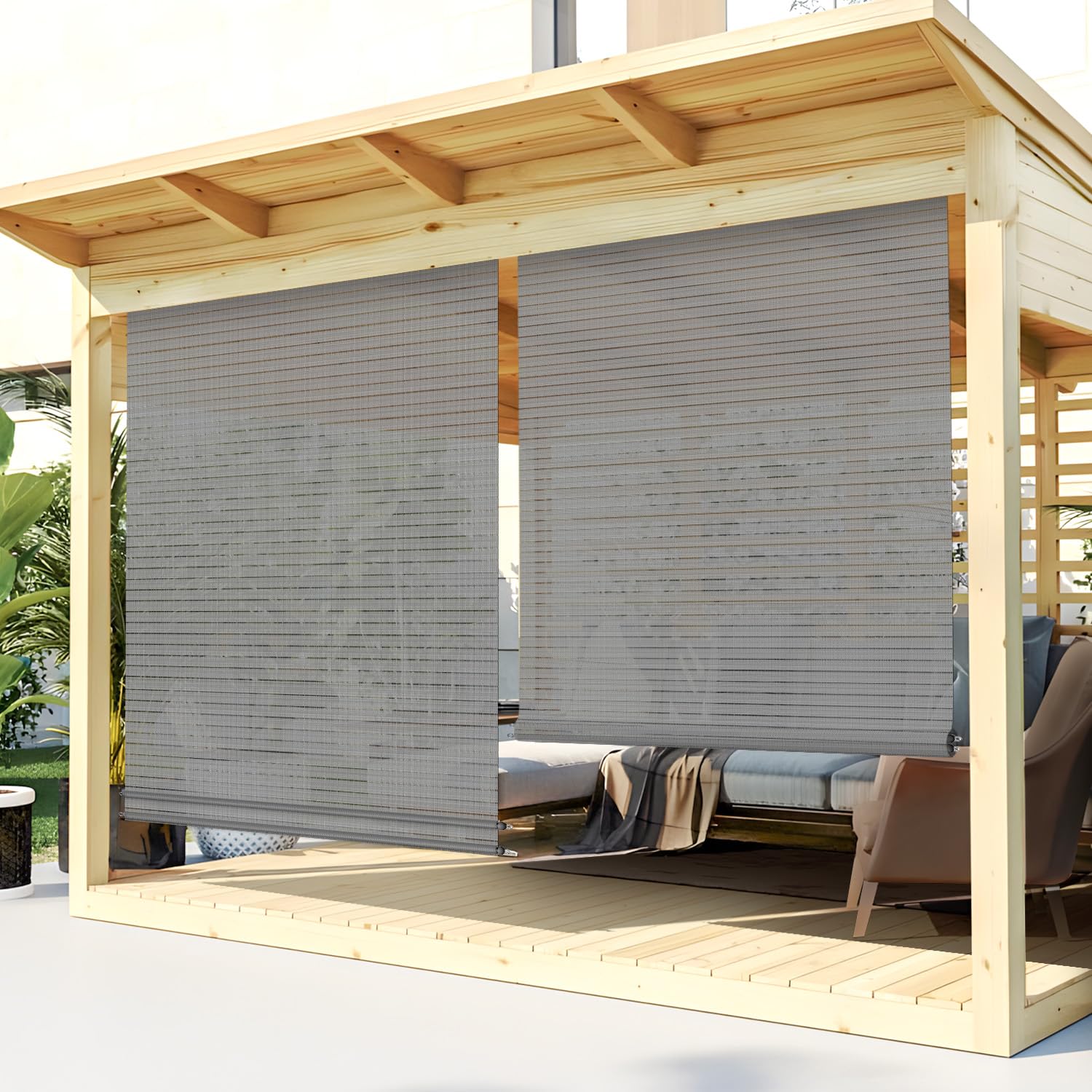 TANG Exterior Roller Shade Roll up Shade for Patio Deck Porch Pergola Balcony Backyard Outdoor Blinds Light Filtering Block UV Rays 4'W x 13.5'L Hollow Out Striped Light Grey