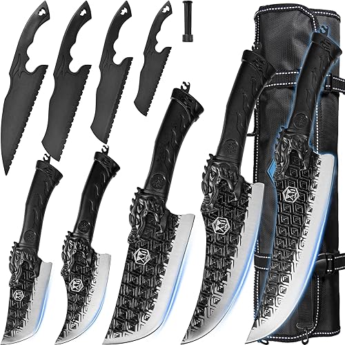 Auténtico XYJ desde 1986 juego de 5 cuchillos de carnicero de carne cuchillo de masacre con acero afilado piedra de afilar cuchillo para pasteles