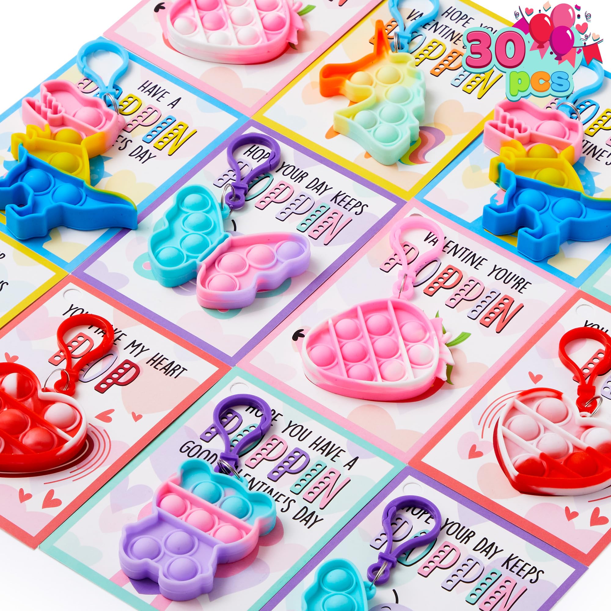 JOYIN 30 Packs Valentine's Day Gift Cards with Pop Fidget Keychain Toys, Stress Anxiety Relief Fidget Toys with Cards for Kids Valentine Classroom