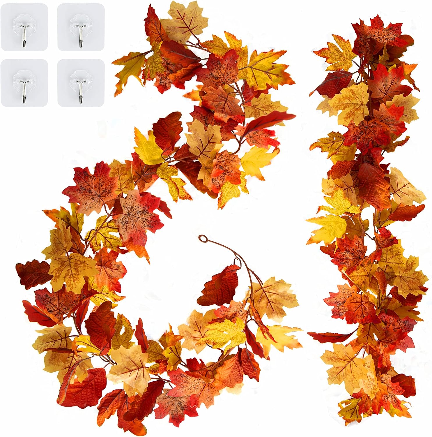 2 Pack Thanksgiving Decorations Garland 5.9 Ft/Pcs Maple Leaves Halloween Garland Artificial Hanging Autumn Foliage Fake Vines for Home Party Front Door Fireplace Mantle Thanksgiving Halloween Decor