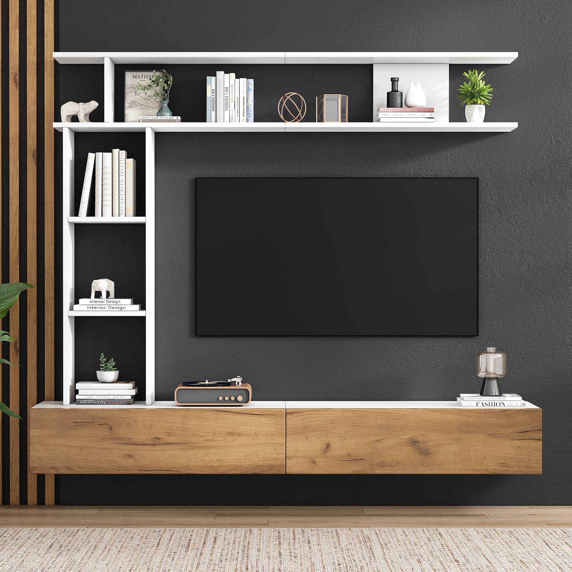 Set da parete per TV, 180 x 35 x 22,5 cm, con vetrina, supporto e mensola, TV fino a 80", bianco + legno