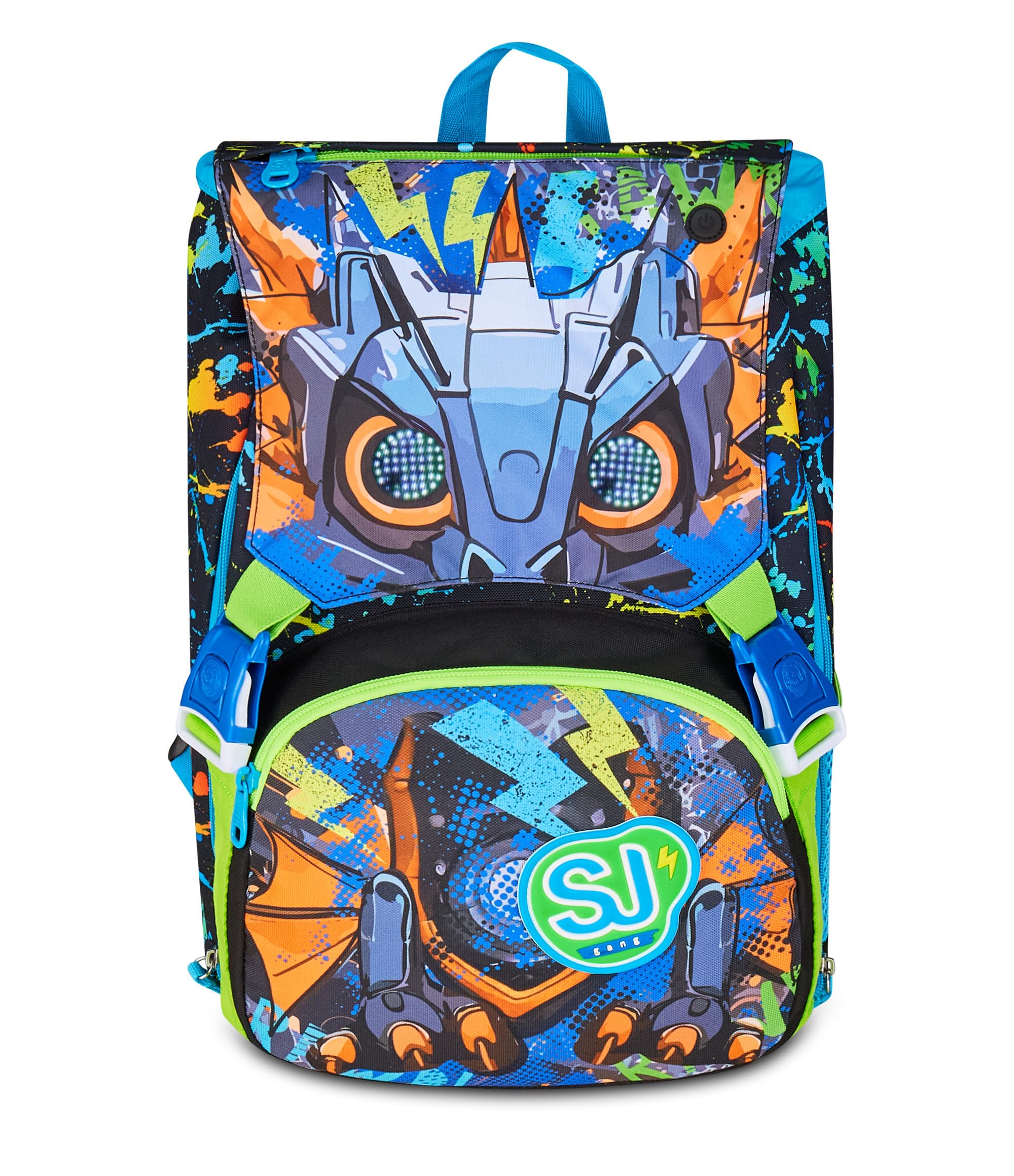 SJ GANG STYLE JAM GANG Zaino Scuola Estensibile Big LED LOOK, Nero, Zaino con Divisorio Interno, Tasca Superiore con Occhi LED, Tasca per Borraccia, 24 L, Zaino Scuola Elementare, Bambino