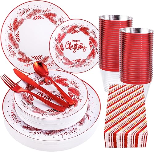 Morejoy 175 platos de plástico de Navidad, platos de Navidad blancos y rojos desechables incluyen 25 platos de cena, 25 platos de ensalada, 25