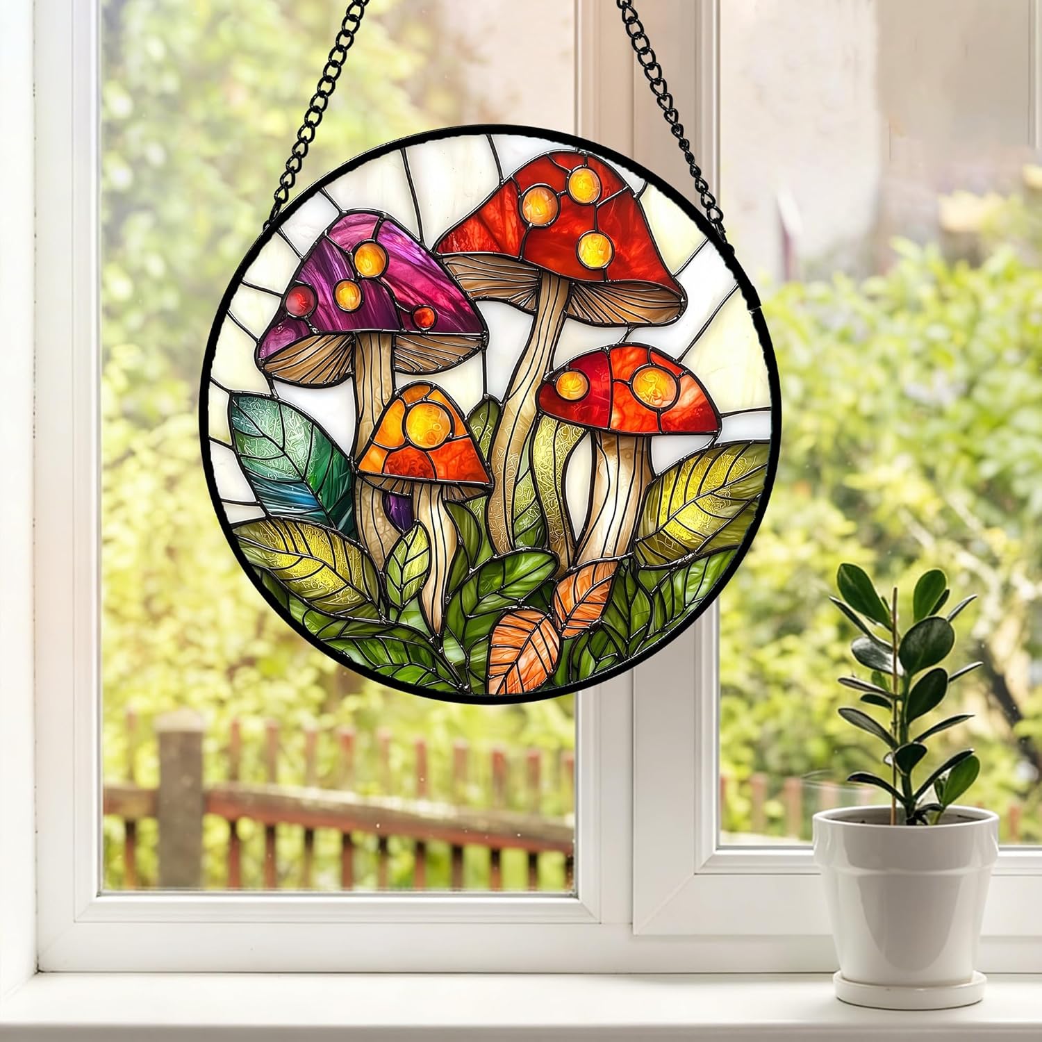 DASTOLL Stained Glass Window Hanging, Mushroom Leaves Suncatcher for Doors Home Sun Catchers Decoration and Christmas, Mother's Day Birthday Gifts for Women, Men, and Mom 9.8 in