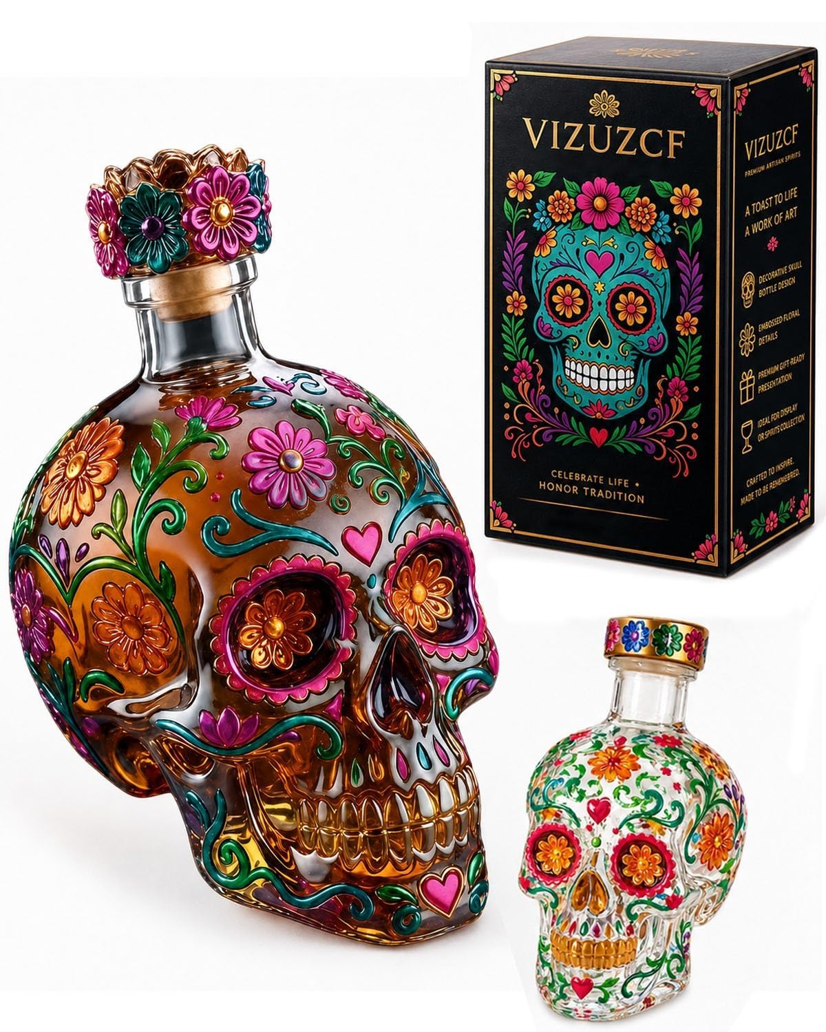 2026 Botella decantadora gótica con diseño de calavera del Día de los Dead, edición limitada, decoración para el hogar, bar, Halloween, fiesta, regalo (14 cm)