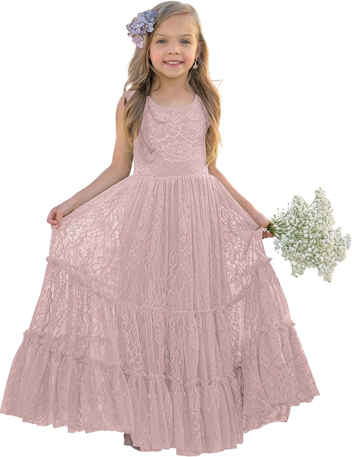 Flower Girl Dress Lace Boho Toddler Dresses Ruffle Girl Dress for Wedding Garden Party Holiday Communion Sleeveless