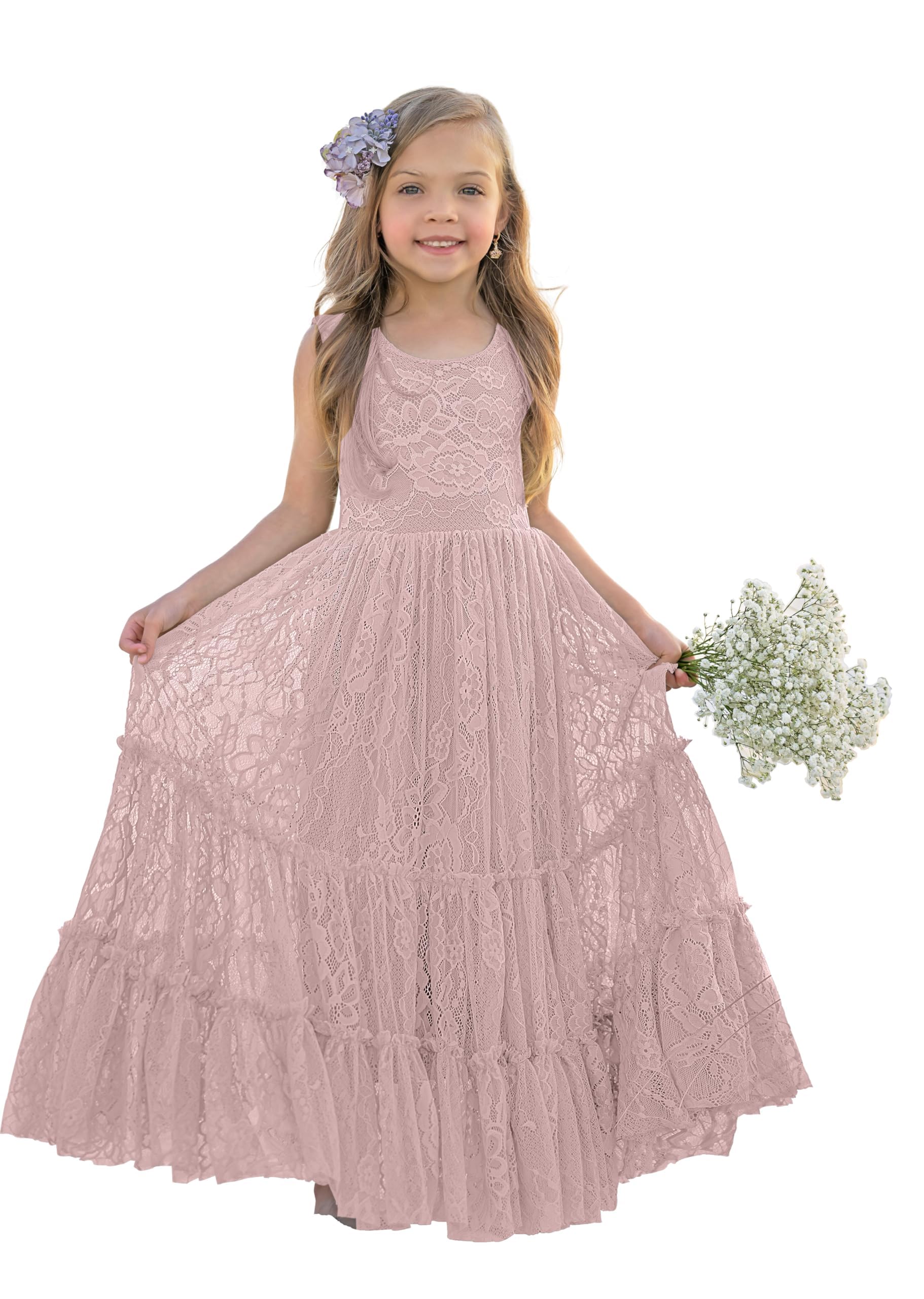 LalaMira Flower Girl Dress Lace Boho Toddler Dresses Ruffle Girl Dress for Wedding Garden Party Holiday Communion Sleeveless