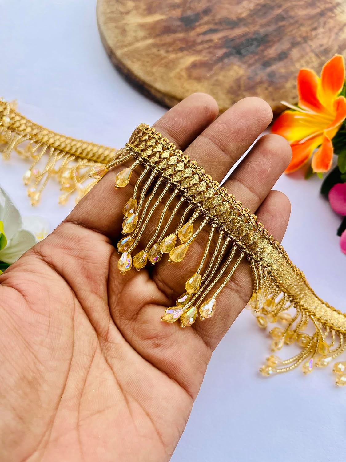 Gold Crystal Fringe Trim with Teardrop Glass Beads, 5cm Wide, 6 Yard