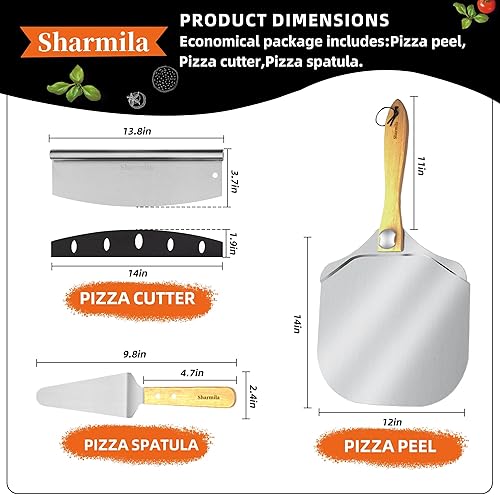 Miniatura 2 de Sharmila Pala de pizza de 12 pulgadas, pala de aluminio para pizza con mango de madera plegable, cortador de pizza y espátula de pizza de metal,