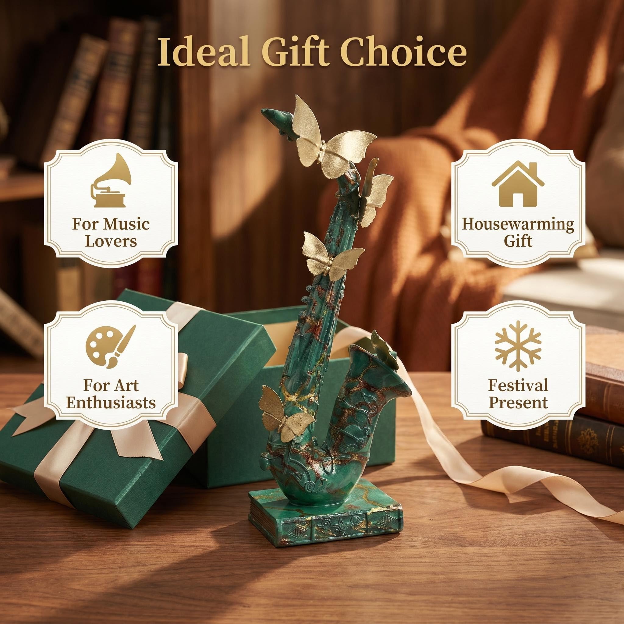 Statua di sassofono verde con farfalle dorate, ornamento decorativo a tema musicale per ufficio soggiorno, regalo per musicisti
