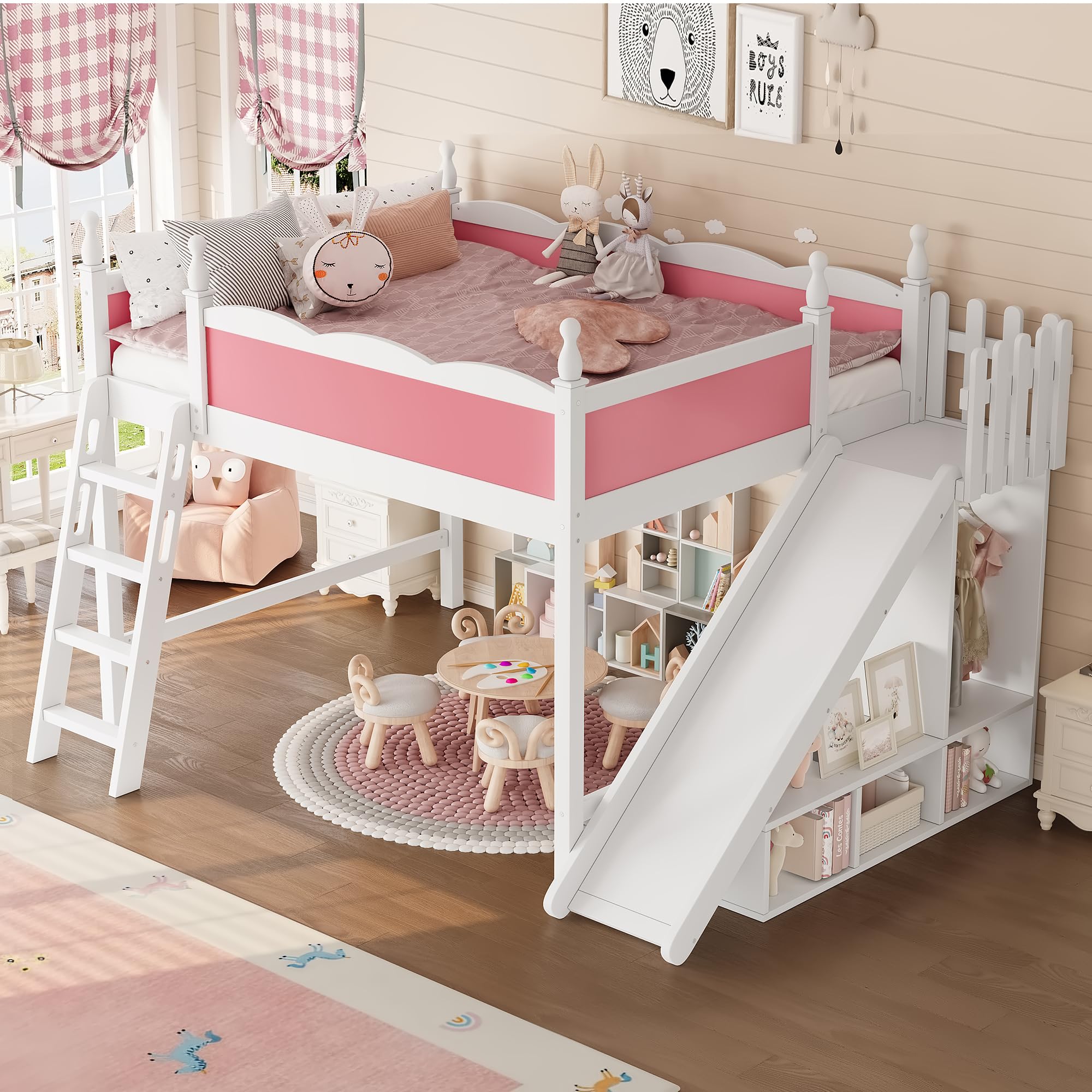 Bellemave Queen Size Kids Loft Bed with Slide and Storage Shelves for Kids,Solid Wood Girls Loft Bed Frame with Wardrobe and Inclined Ladder for Girls Boys,Space Saving,Pink