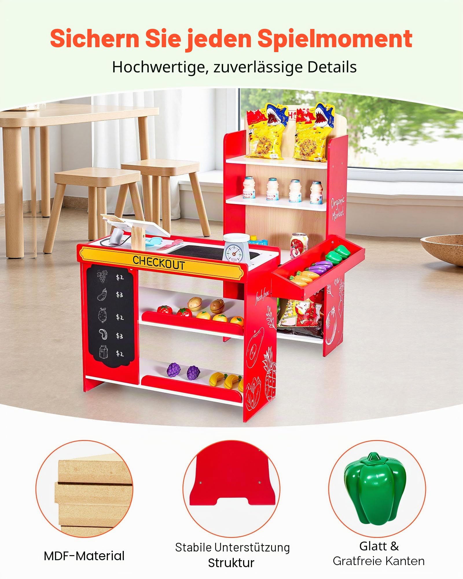 VEVOR Kinder-Lebensmittelladen-Spielset, Holz-Spielladen mit Einkaufstasche,Scanner, Registrierkasse, Obst und Gemüse