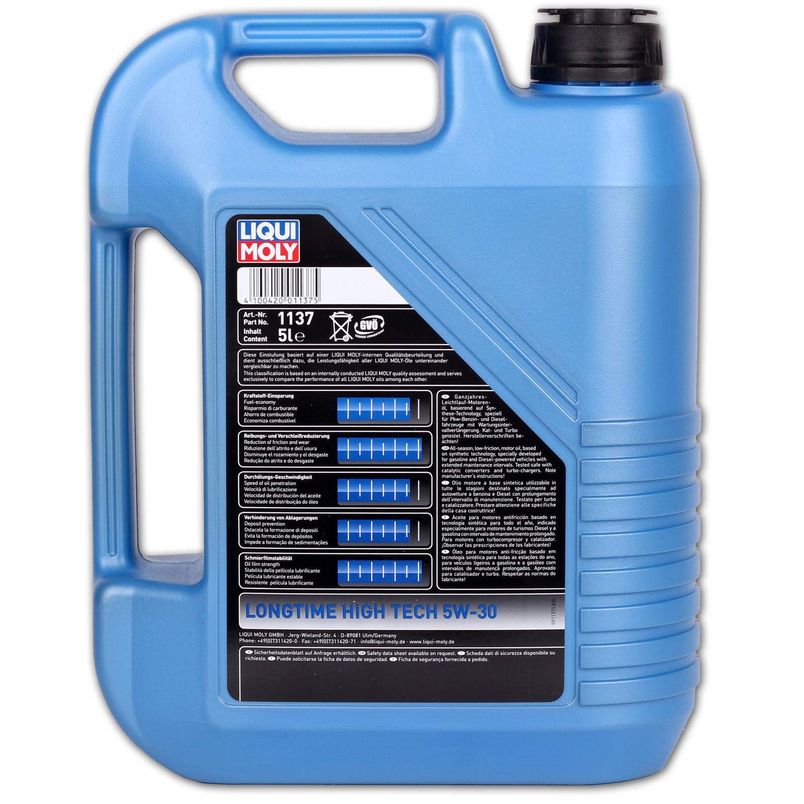 LIQUI MOLY Aceite de motor 5W-30 Longtime High Tech Aceite sintetico aceite ACEA C3 ACEA C2 API SP 5L Compatible con VW Polo V Hatchback 6R1, 6C1 up! Hatchback 121, 122, BL1, BL2, BL3, 123, TOYOTA | 1137, Longtime High Tech 5W-30