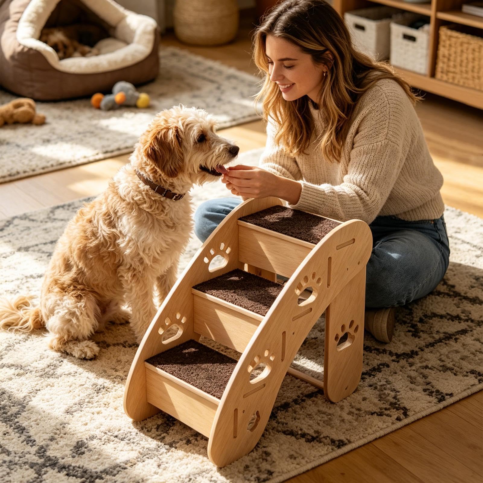 Scalette per Cani di Piccola Taglia Tappetino antiscivolo in legno con | Scalette per cuccia cane per cuccioli, , gatti anziani, alto, auto, sedia, divano, finestra