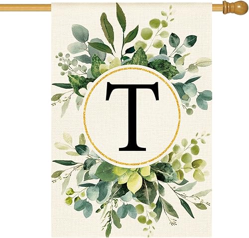 AVOIN colorlife Bandera floral de casa con monograma de letra T de 28 x 40 pulgadas, doble cara exterior, apellido familiar, inicial, decoración