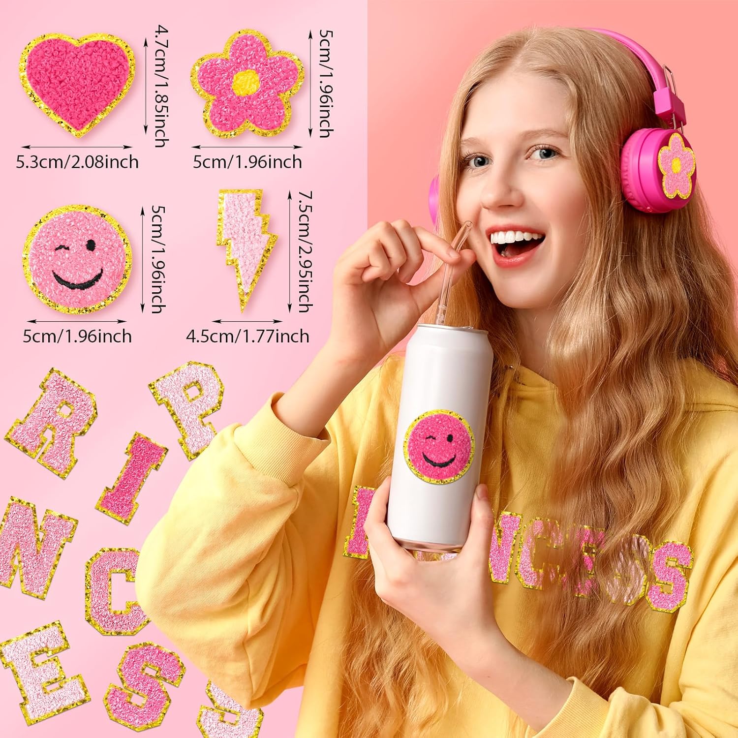 Hanaive 136 Pcs Chenille Letter Patches Self Adhesive Stickers for DIY Cute Smile Face Heart Rainbow Patches for Clothing Backpacks Bags Jackets Hat Decoration(Cute Style,Pink Color)