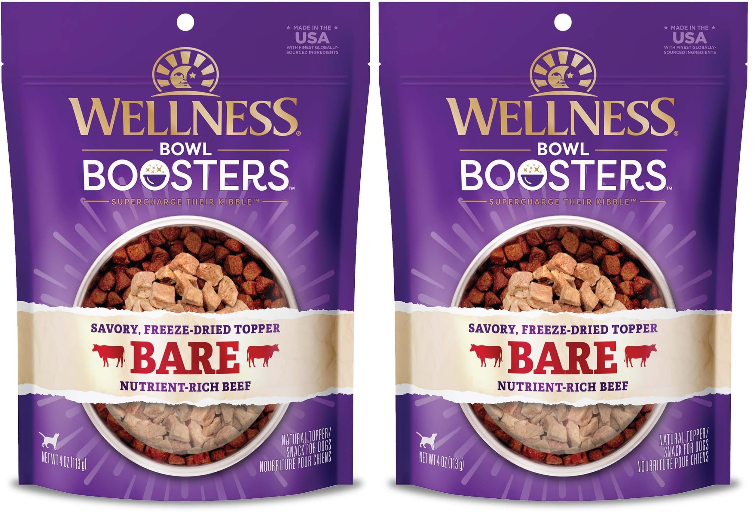 Wellness Bowl Boosters Bare Freeze Dried Dog Beef Food Topper for Small, Medium, and Large Breeds, Grain Free, Natural, 4 oz Bag (Pack of 2)