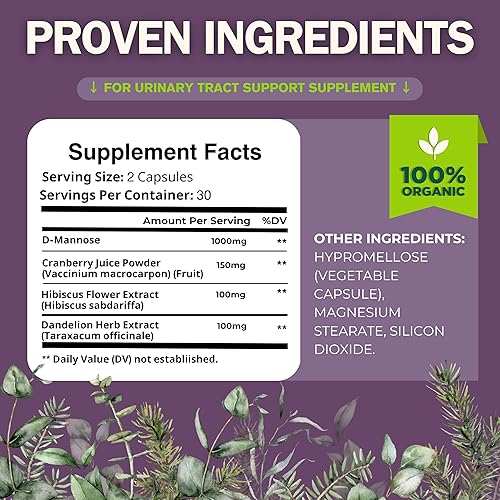 Miniatura 3 de Cápsulas de D-manosa de 1000 mg con jugo de arándano en polvo, hibisco y extractos de diente de león, suministro para 30 días para la salud del