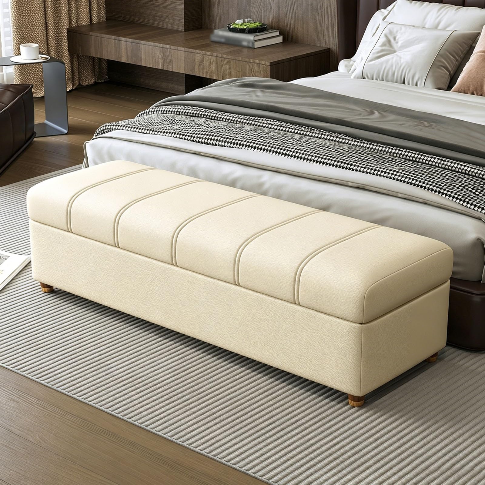 Pouf rembourré avec grand coffre haut de gamme banquette en bois massif et similicuir
