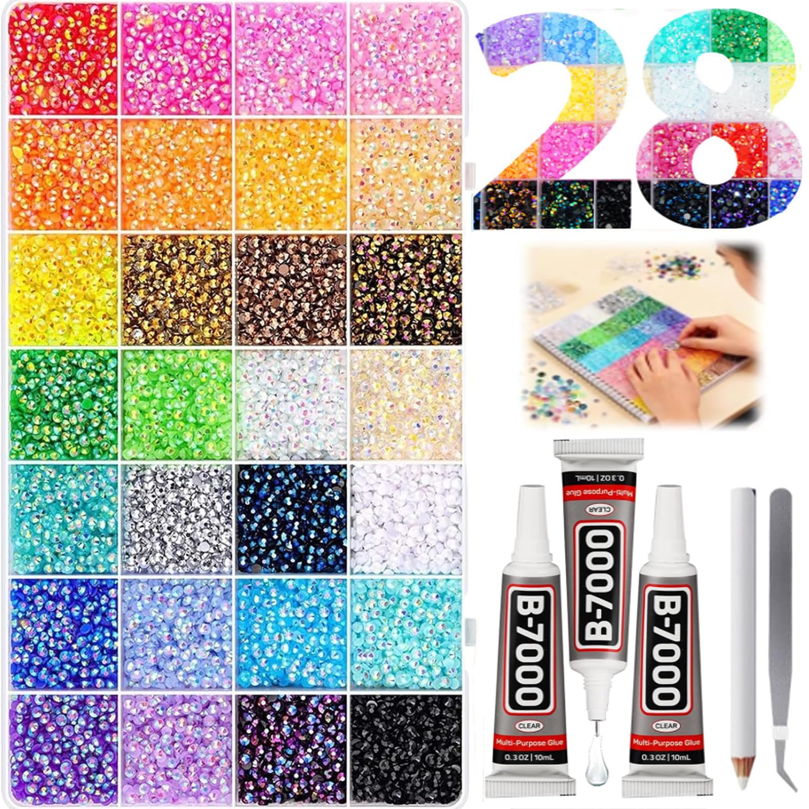 Multicolor High-Gloss Resin Flatback Rhinestones (3mm) with 3Pcs B7000 Jewelry Glue - DIY Bedazzling Kit for Diamond Art, Nail Art & Crafts (0): 3000