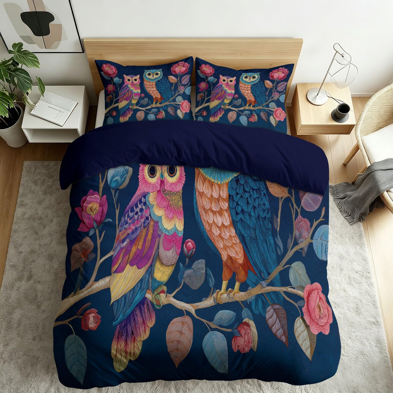 Housse de couette fleur hibou 220x242 cm pour transformer l'ambiance de votre chambre