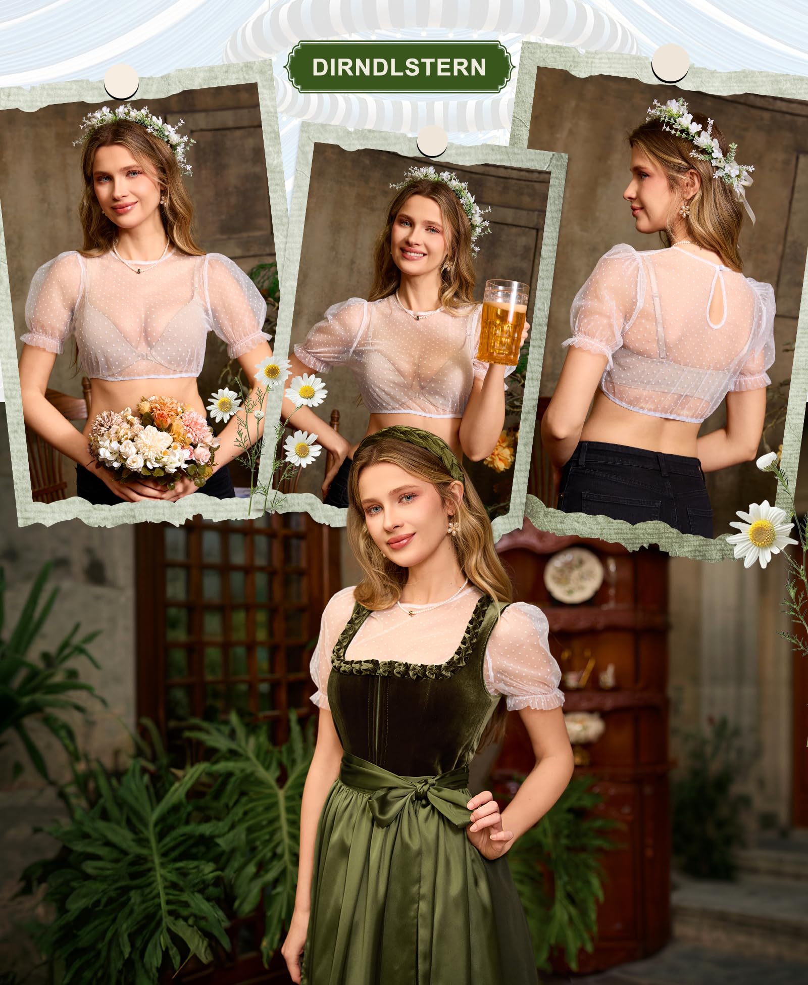 DIRNDLSTERN Bluse Damen – Dirndlbluse Transparent mit Punkten Puffärmel Trachtenbluse Kurzarm für Oktoberfest & Bayerische