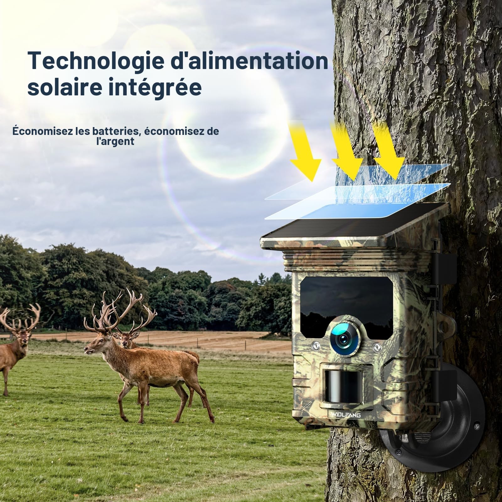 WOLFANG Caméra de Chasse, Camera Chasse Solaire WiFi 4K/68MP, Détecteur de Mouvement de 0,1s, avec App, 5200mAh Batterie, Vision Nocturne, IP66 Etanche pour l'observation des Animaux