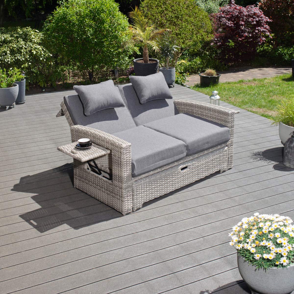 Green Spirit - Garten Multifunktions-Sofa Sunny - Hellgrau, Poly-Rattan, Wetterfest, kann in wenigen Augenblicken von einem Garten-Sofa/Garten-Bank zum Garten-Bett/Garten-Liege umgeklappt Werden