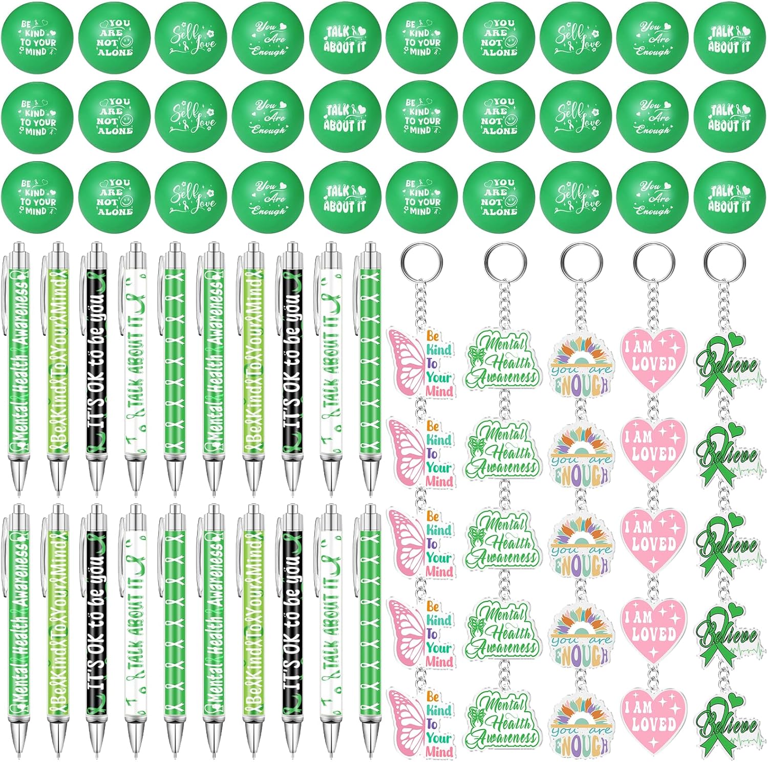 90 Pcs Mental Health Awareness Accessories Set Include 30 Mental Health Awareness Pens Mental Health 30 Stress Balls 30 Keychains Mental Health Gift for Office Public Charity Events Supplies