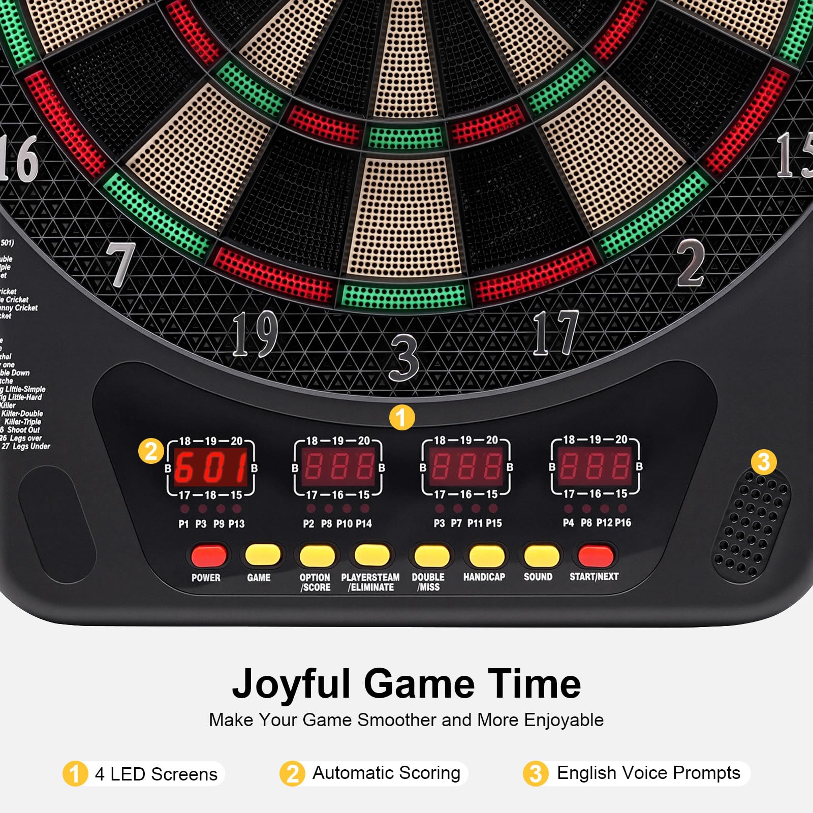 Jeu de Flechette Electronique avec 6 Flechettes, 24 Tetes, 4 Ecrans LED, 27 Modes, 243 Variantes, 16 Joueurs, Auto Score Voix
