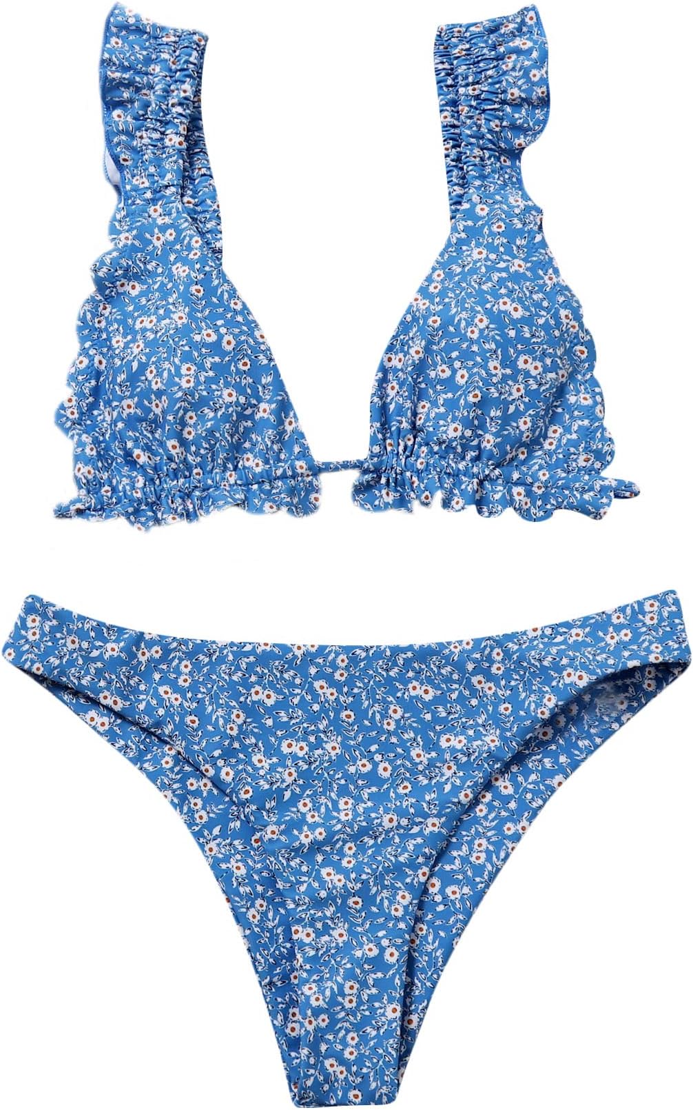 Women's Ruffle Trim Triangle Bikini Bathing Suits Two Piece Swimsuits Blue