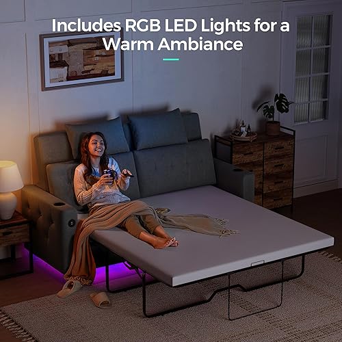 Miniatura 16 de LINSY HOME Sofá cama extraíble – Sofá cama de tamaño matrimonial, sofá cama convertible con carga USB, sofá cama extraíble, sofá biplaza de espuma