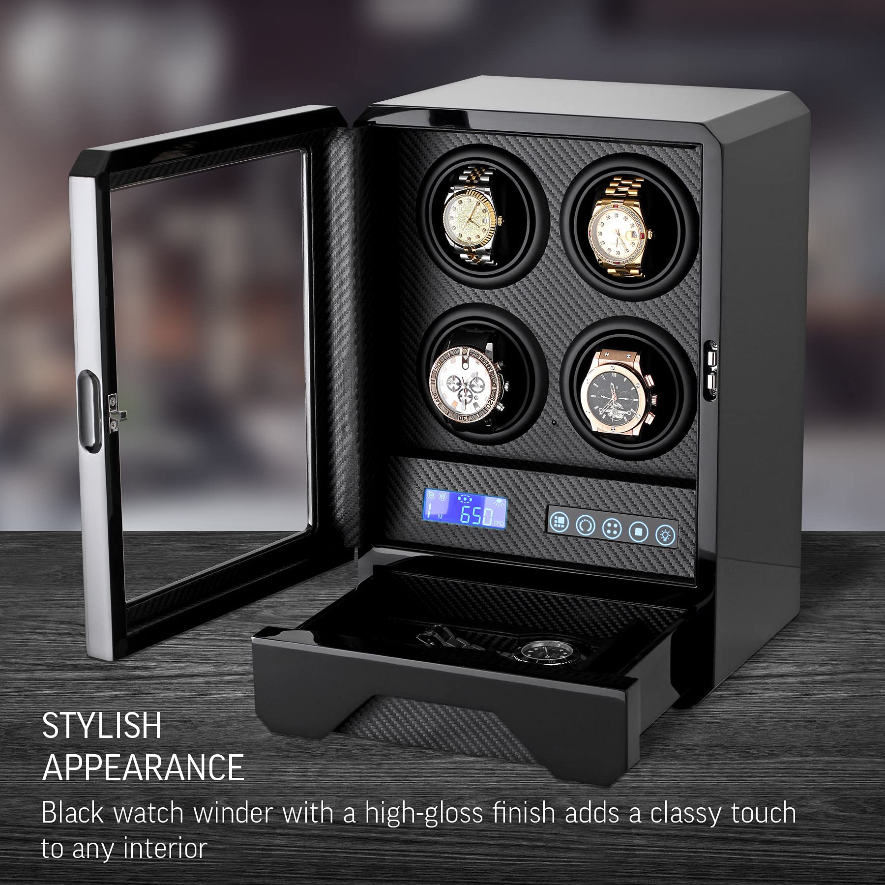 Enrollador automático de relojes para 4 relojes con luz LED, pantalla LCD, control remoto y cajón de almacenamiento, Negro -, Bobinador de relojes