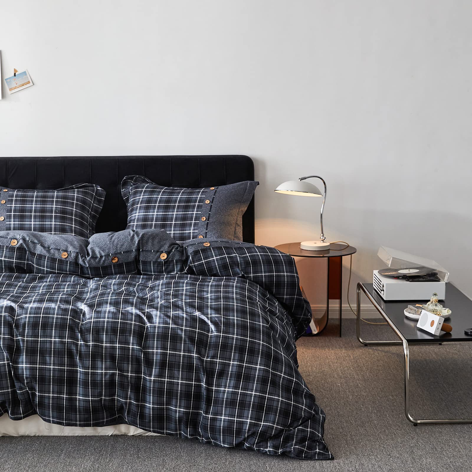 Simple&Opulence 100% Cotton Buffalo Check Plaid Printed Duvet Cover Set, 3 Piece Bedding Set Including 1 Comforter Cover and 2 Pillow Shams, Soft and Comfortable (King, Dark Grey)