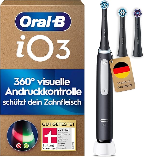 Oral-B iO Series 3 Plus Edition Elektrische Zahnbürste — Electric Toothbrush, Inkl. 3 Aufsteckbürsten, 3 Putzmodi für Zahnpflege — Designed by Braun, GUT GETESTET von STIFTUNG WARENTEST, Schwarz
