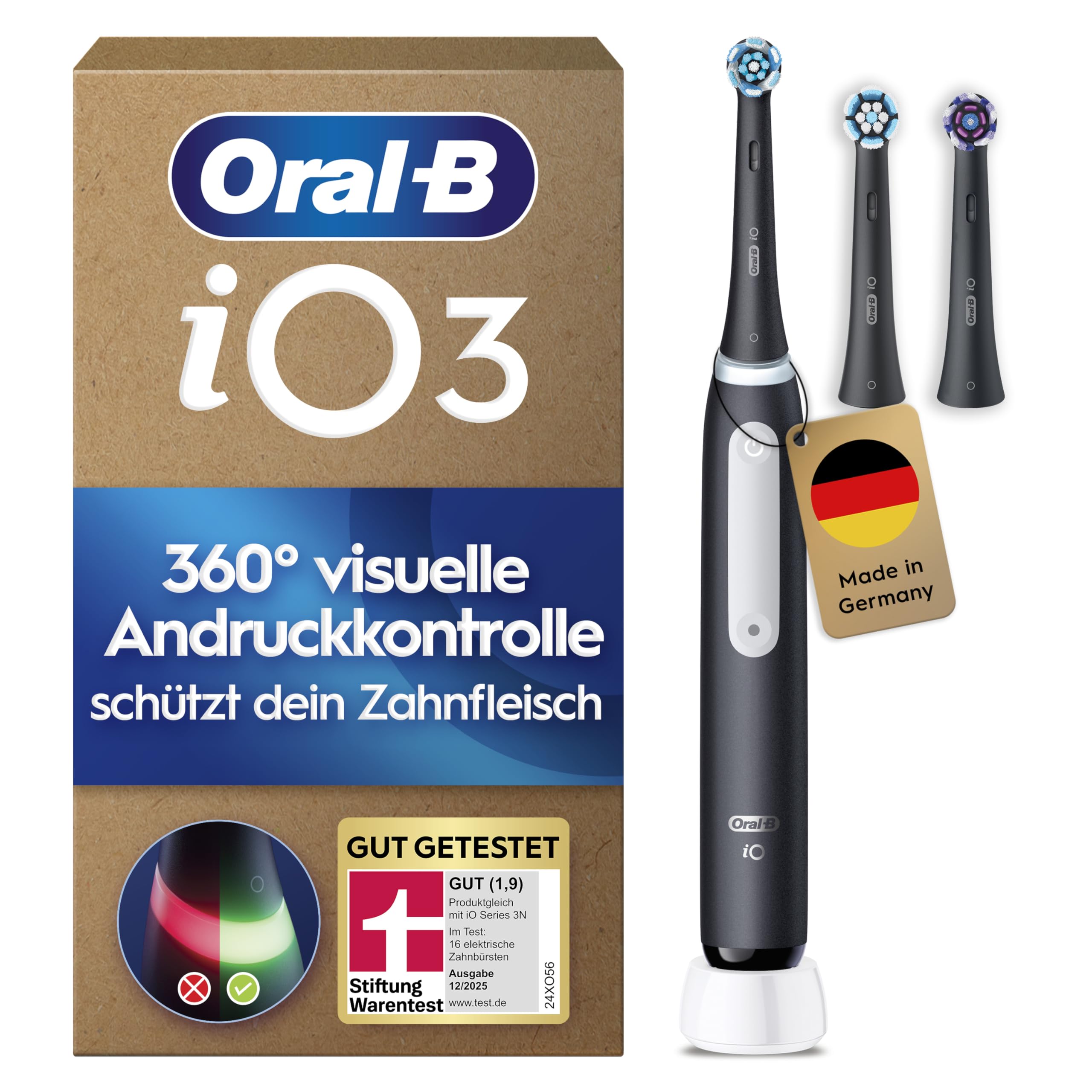Oral-B iO Series 3 Plus Edition Elektrische Zahnbürste — Electric Toothbrush, Inkl. 3 Aufsteckbürsten, 3 Putzmodi für Zahnpflege — Designed by Braun, GUT GETESTET von STIFTUNG WARENTEST, Schwarz