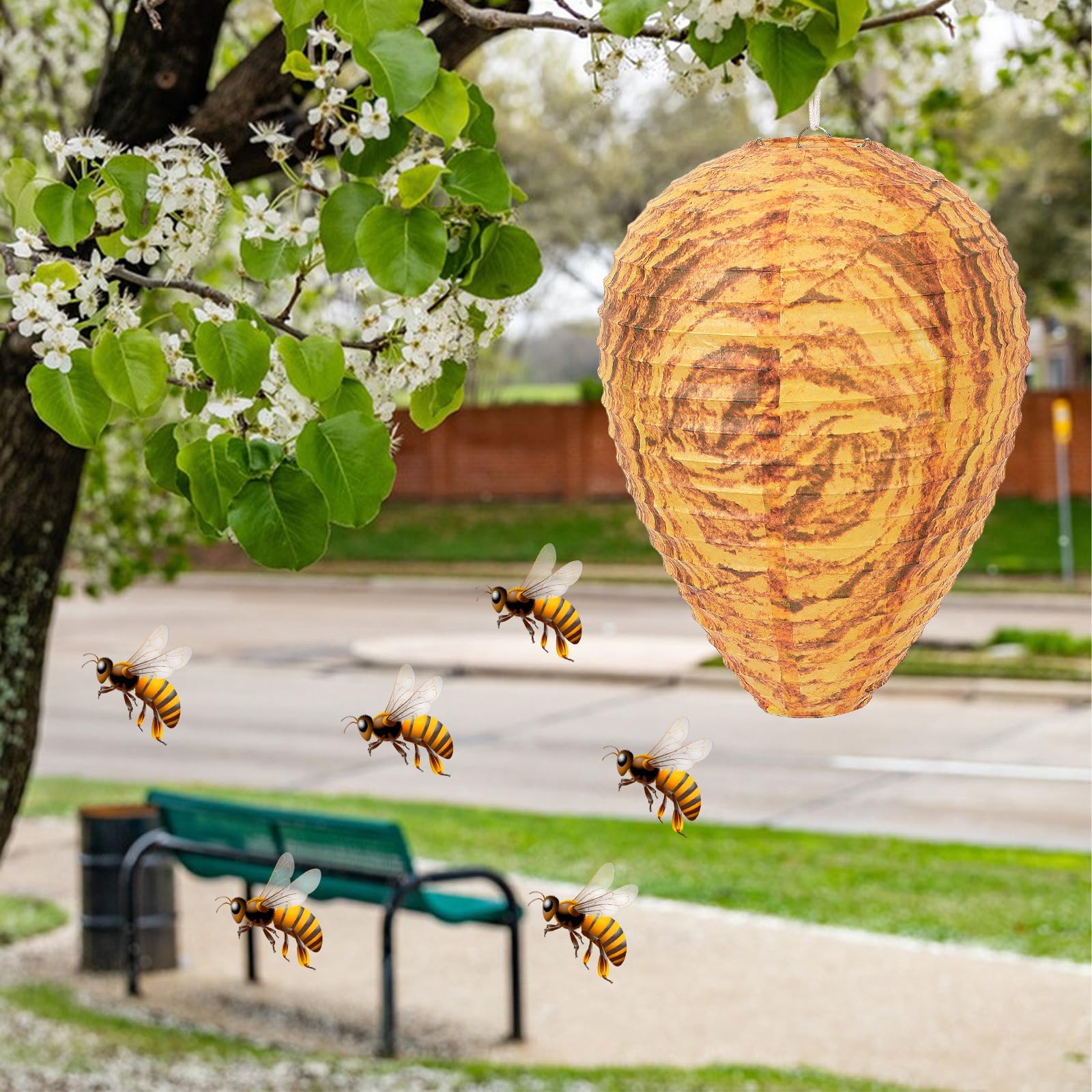 DECYOOL 4 Pack Paper Wasp Nest Decoy Hanging Wasp Nest Stay Away from Wasps Hornets Yellow Jackets(Orange) - 3