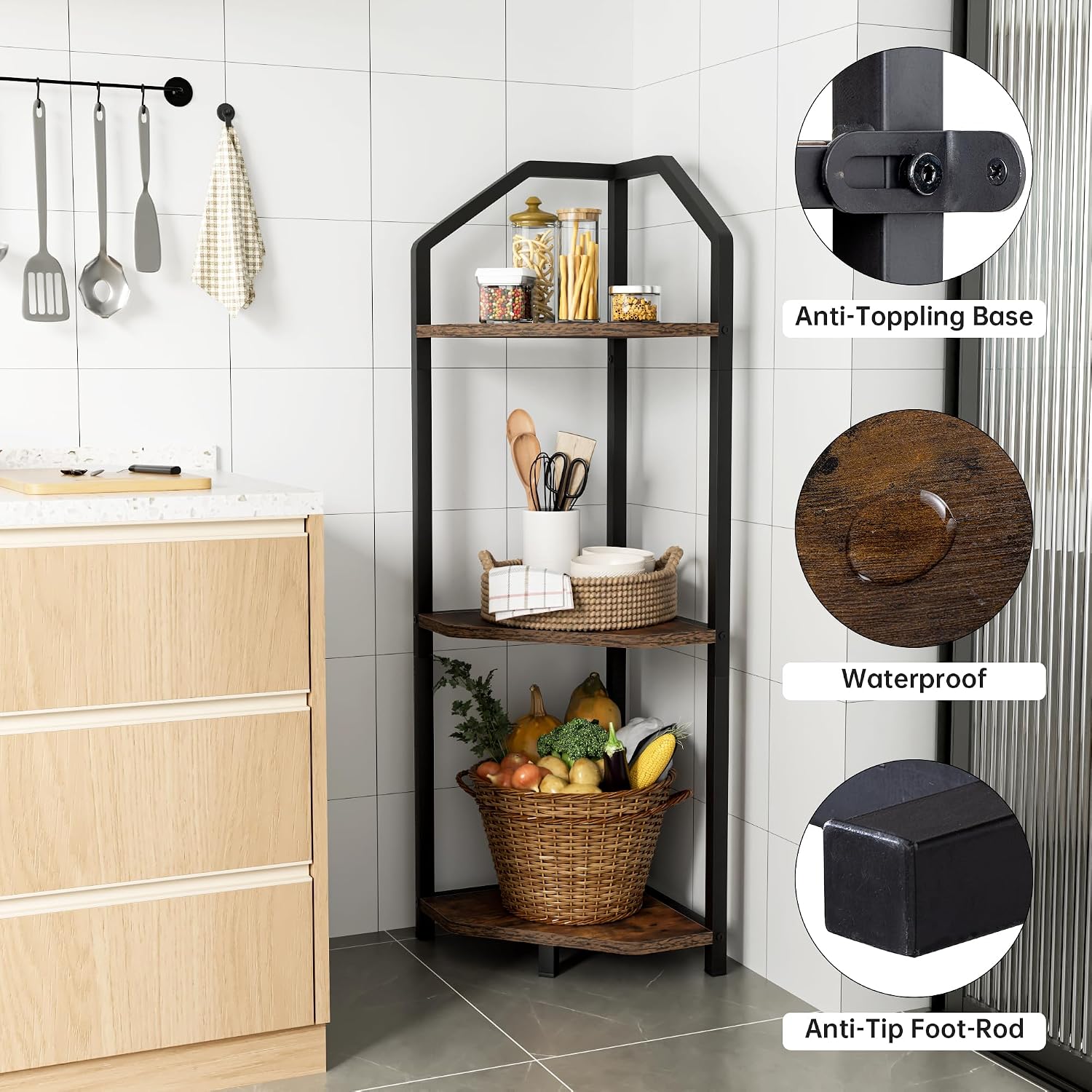 Fun Memories 3 Tier Corner Shelf, 40” Corner Shelf Stand, Corner Bookshelf Plant Stand, Storage Shelf for Bathroom, Living Room, Kitchen,Grey Home Office, Brown image 4