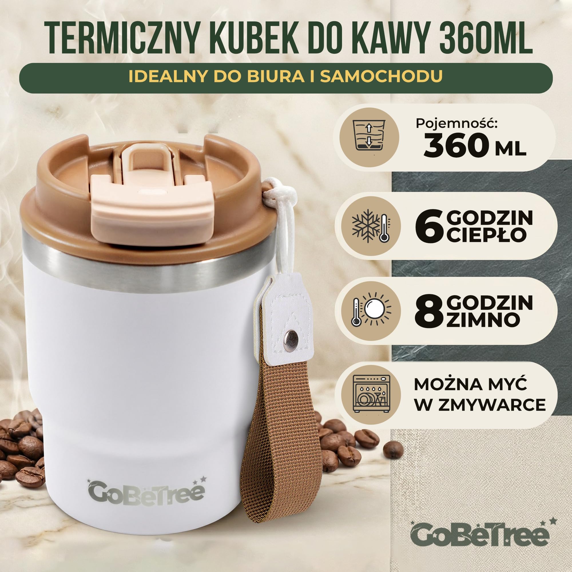 GoBeTree Kubek Termiczny do Kawy 360 ml (12 oz) Stal Nierdzewna ANTIQUE. izolowany tumbler z pokrywką 3 w 1 szczelną, słomką wewnętrzną i odpinanym paskiem do biura, samochodu, podróży i siłowni