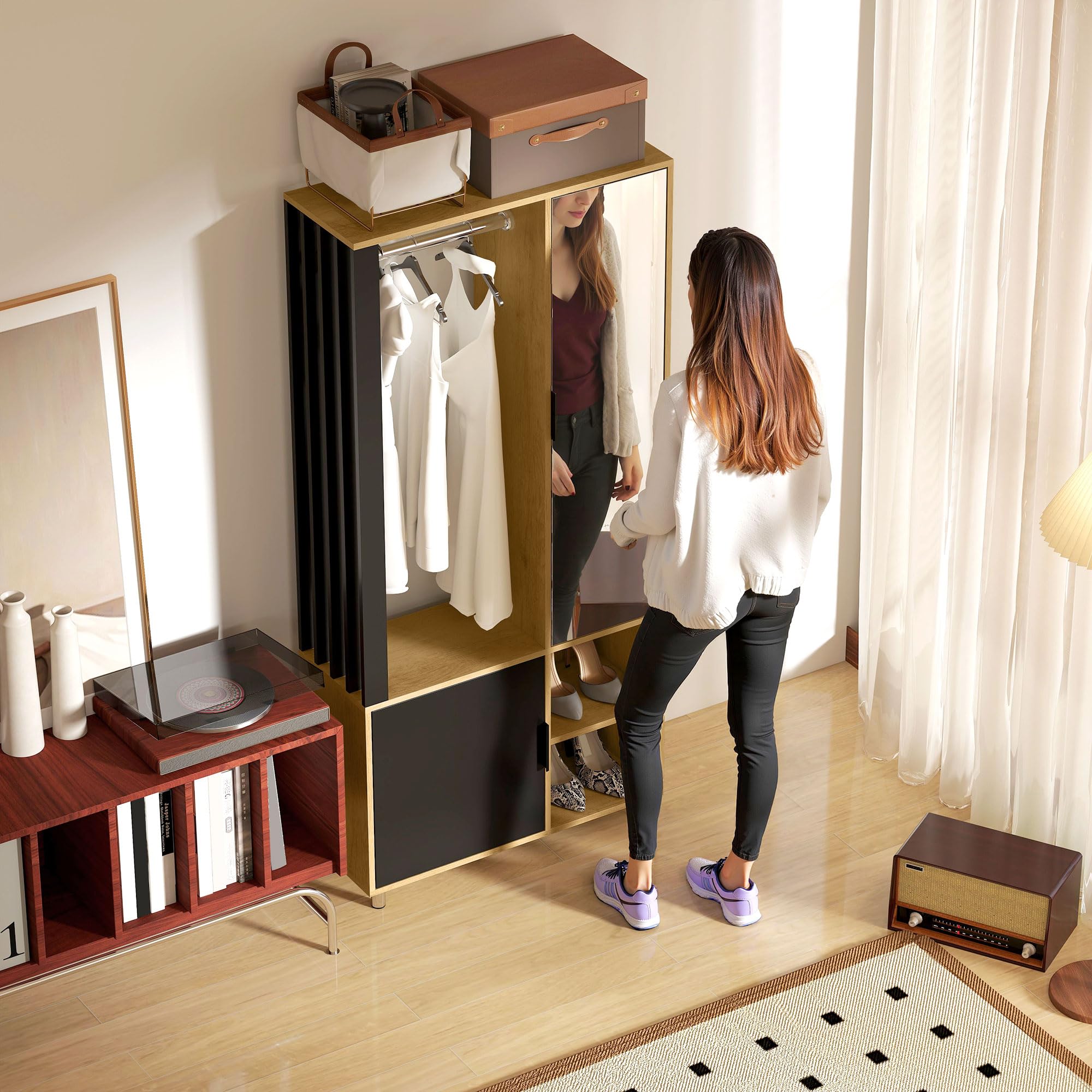 HOMCOM Garderobe Set mit Spiegel, Flurgarderobe, Kleiderstange, Schuhschrank, 80x30x175 cm, Naturholz