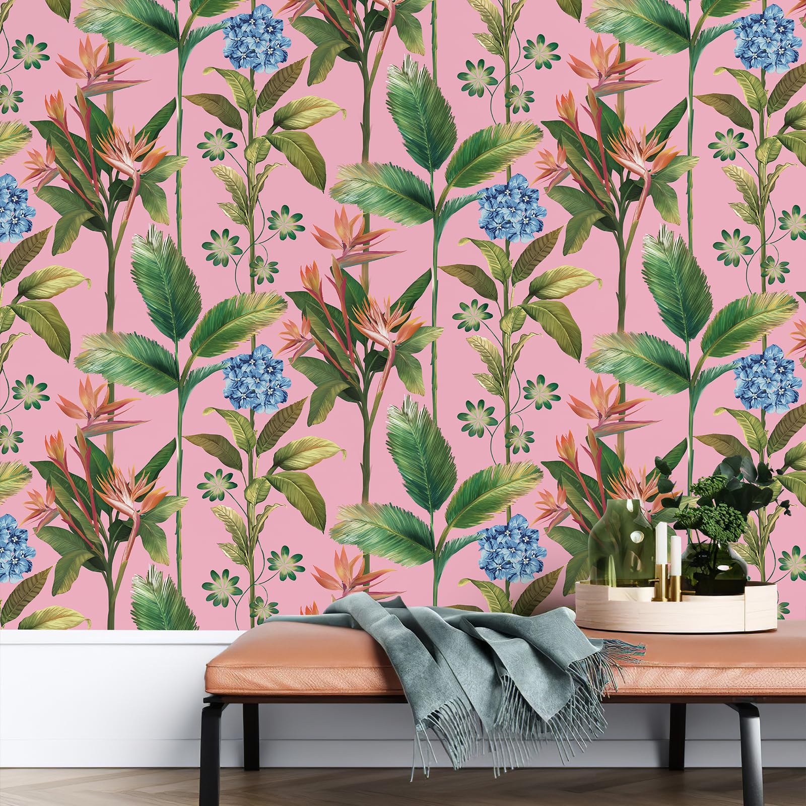 JiffDiff Tropical Jungle Green Leaf Wallpaper Peel and Stick Boho, Floral Self Adhesive Wall Paper, Removable Flower Botanical Pink Contact Paper for Bedroom Cabinet Decorative 120" X17.3"