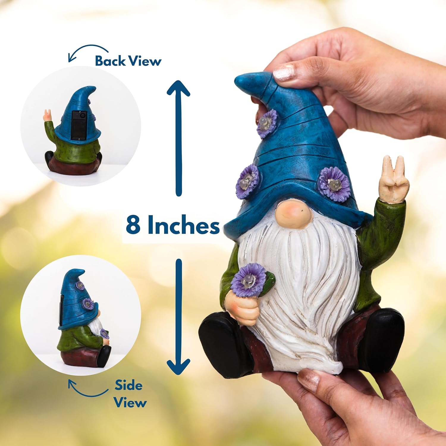 Peace Gnome Garden Statue - Original Design - Blue Peace Gnome Design for Yard, Lawn, Patio, Porch - Weatherproof Resin Garden Decoration - Solar Light - Outdoor Decor & Unique Gnome Gift for Women
