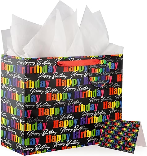 POPGIFTU Bolsa de regalo negra extragrande de 16.5 pulgadas con papel de seda, tarjeta de felicitación y etiqueta, bolsas de regalo de cumpleaños