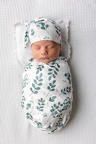 Miniatura 2 de Conjunto de manta para envolver al bebé recién nacido, unisex, con diadema y sombrero a juego (verde)
