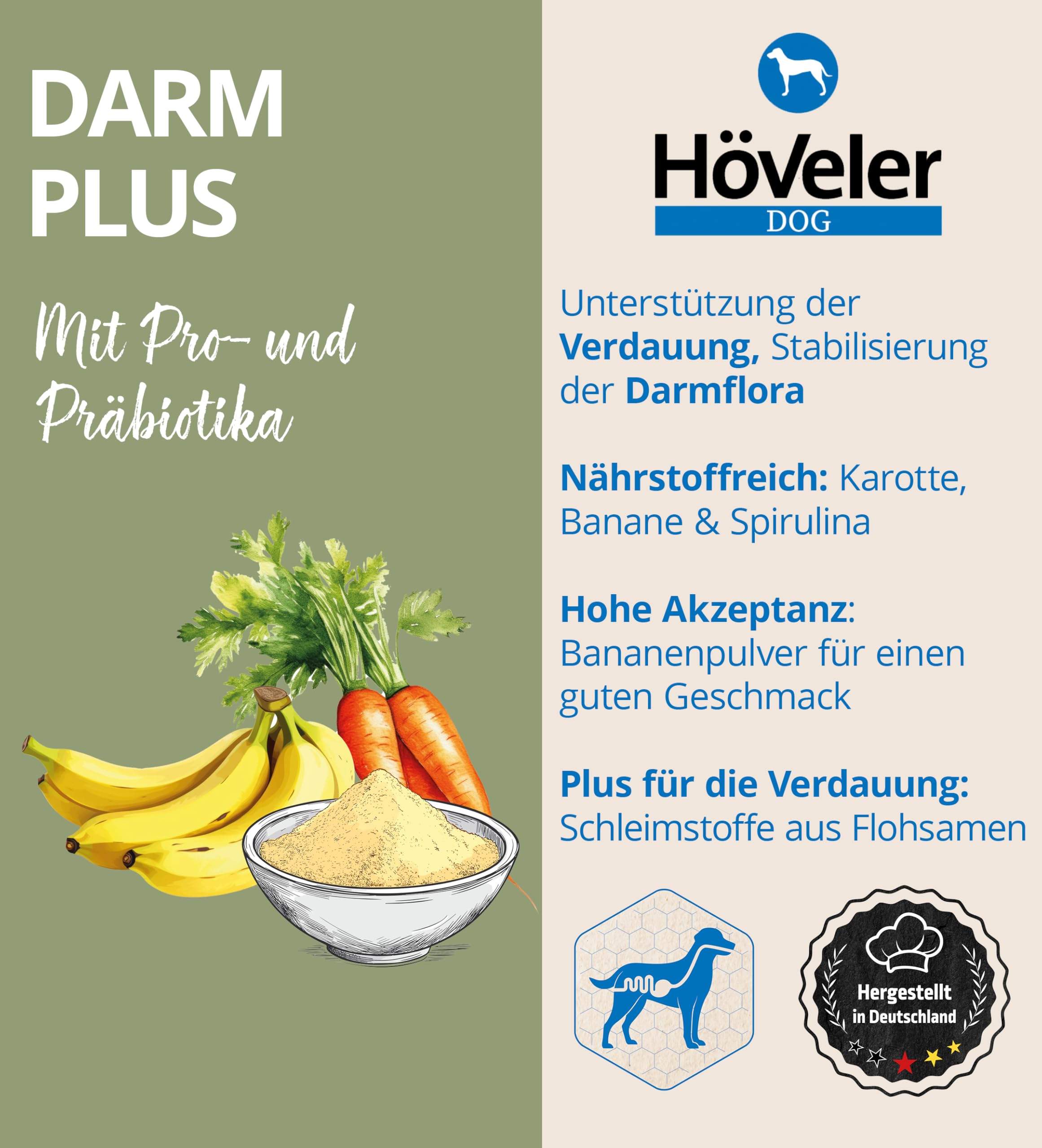 Höveler Dog DARM Plus 150 g – Ergänzungsfuttermittel für Hunde – mit Probiotika und Präbiotika – Unterstützung des Verdauungstraktes