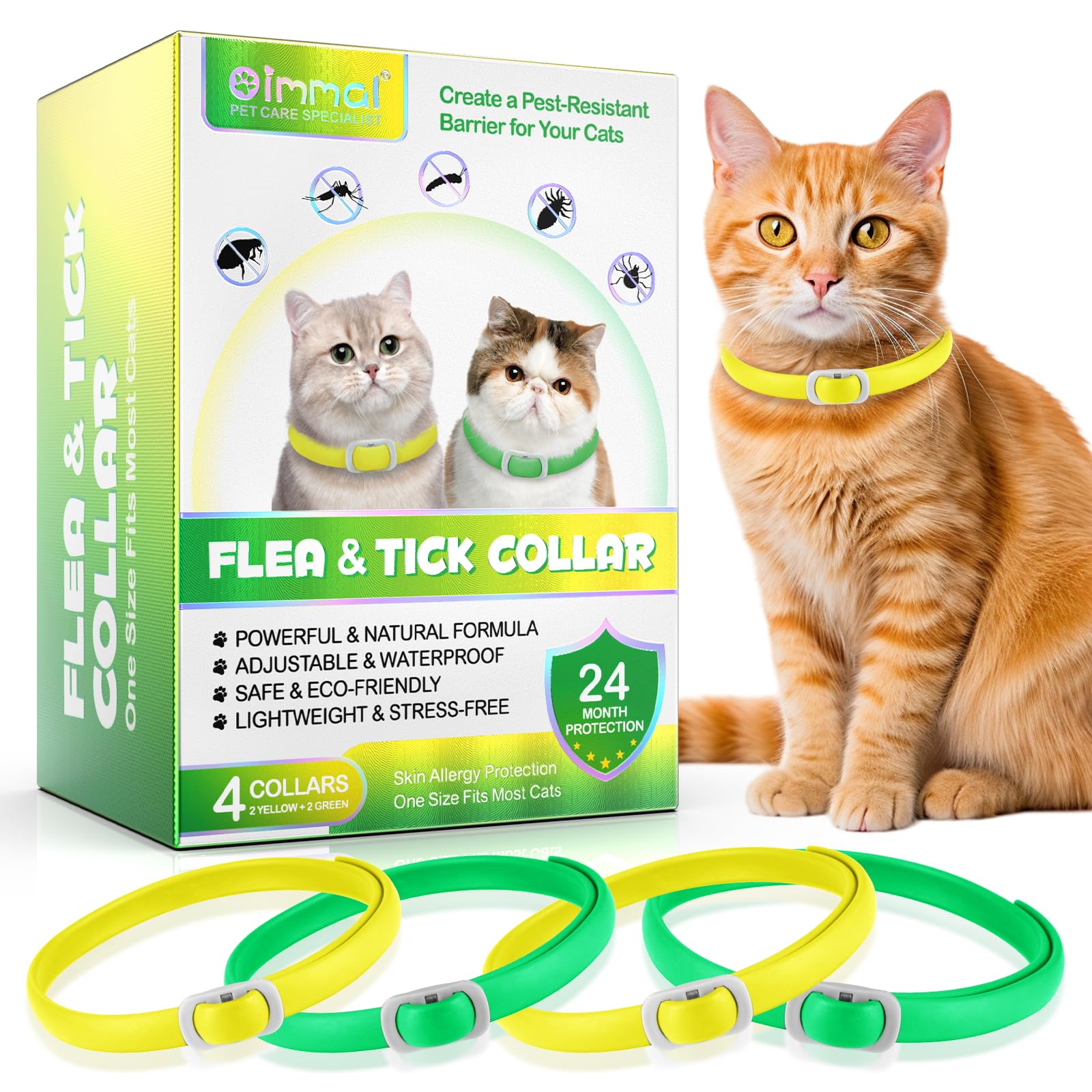 Collar De Gato, Collar De Gato De 4 Piezas, Control Seguro Y Eficaz De Pulgas Y Garrapatas, Diseño Impermeable Y Extraíble para Proteger A Todos Los Gatos Durante 24 Meses