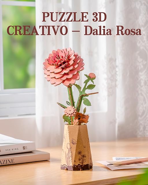 Foto 2 de 8 de ROBOTIME Rompecabezas de madera 3D de dalia rosa con jarrón, kit de manualidades para adultos