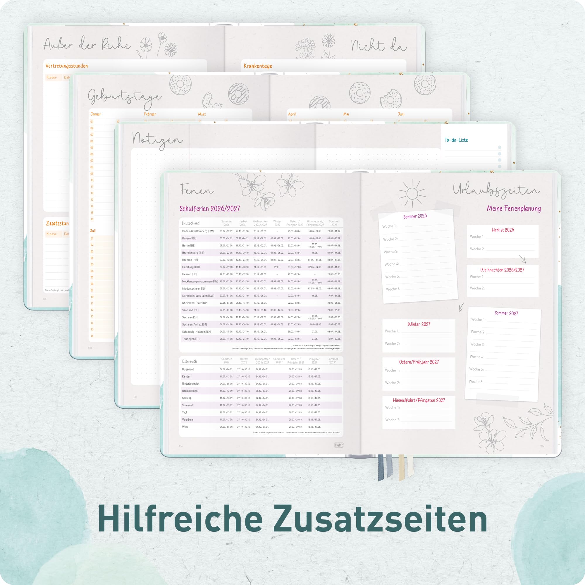 Häfft® Lehrerplaner Grundschule 2026/2027 im A4+ Format Hardcover - Schuljahr 12 Monate (Aug 26 - Jul 27) Lehrerkalender & Unterrichtsplaner für Klasse 1–4 "Watercolor Dots"