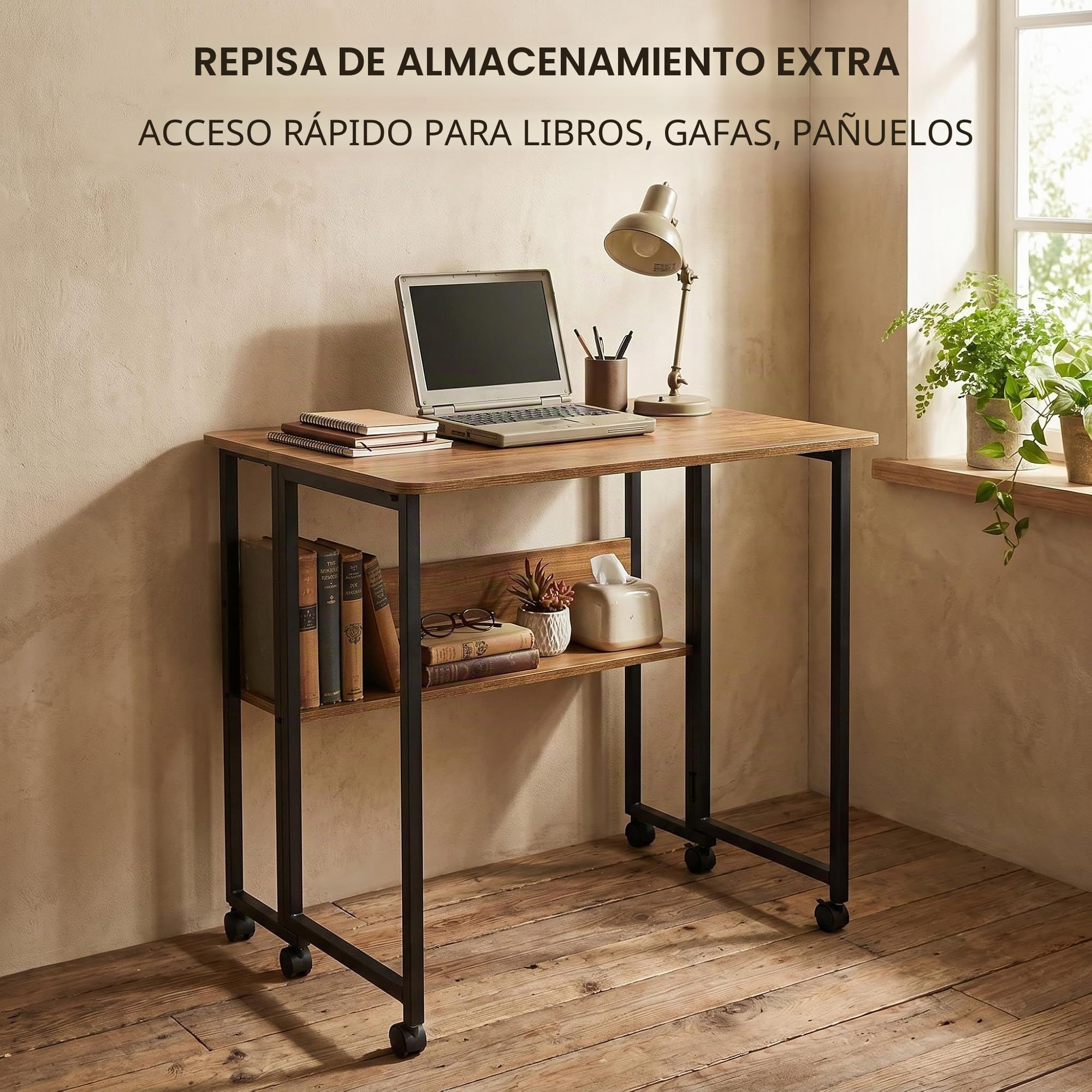 Fiutazge Mesa Escritorio Plegable con Ruedas y Almacenamiento, Mesa Plegable de Pequeño Espacio para Estudio, Casa Oficina, Computadora Manualidades,Marrón y Negro